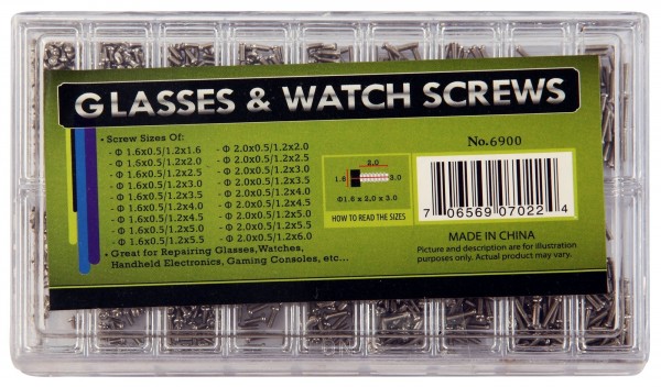 Schrauben für Uhren, Schmuck und Brillen im Set, Größe 1,6 x 0,5/1,2 x 1,6 bis Größe 2,0 x 05/1,2 x