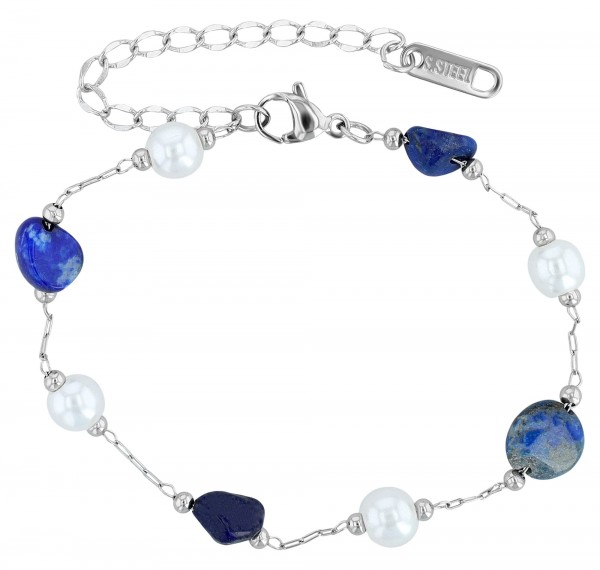 Edelstahl Armband &quot;Marga&quot;mit Süßwasserperlen und Lapis Lazuli Steinen, 23 cm + 5,5 cm